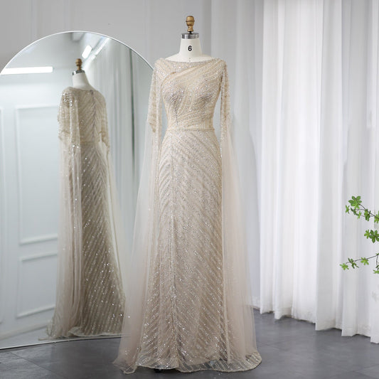 Luxury Beaded Blue Mermaid Evening Dress with Cape Sleeves SS087