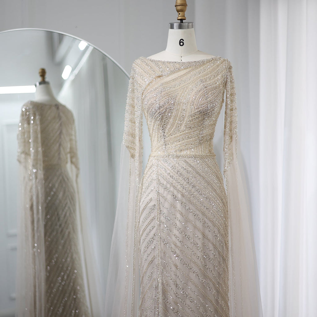 Luxury Beaded Blue Mermaid Evening Dress with Cape Sleeves SS087
