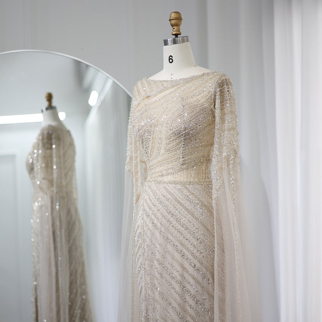 Luxury Beaded Blue Mermaid Evening Dress with Cape Sleeves SS087