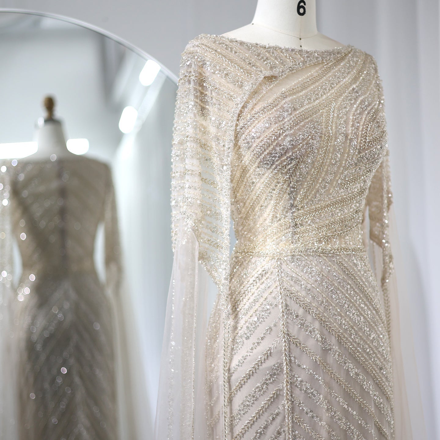 Luxury Beaded Blue Mermaid Evening Dress with Cape Sleeves SS087