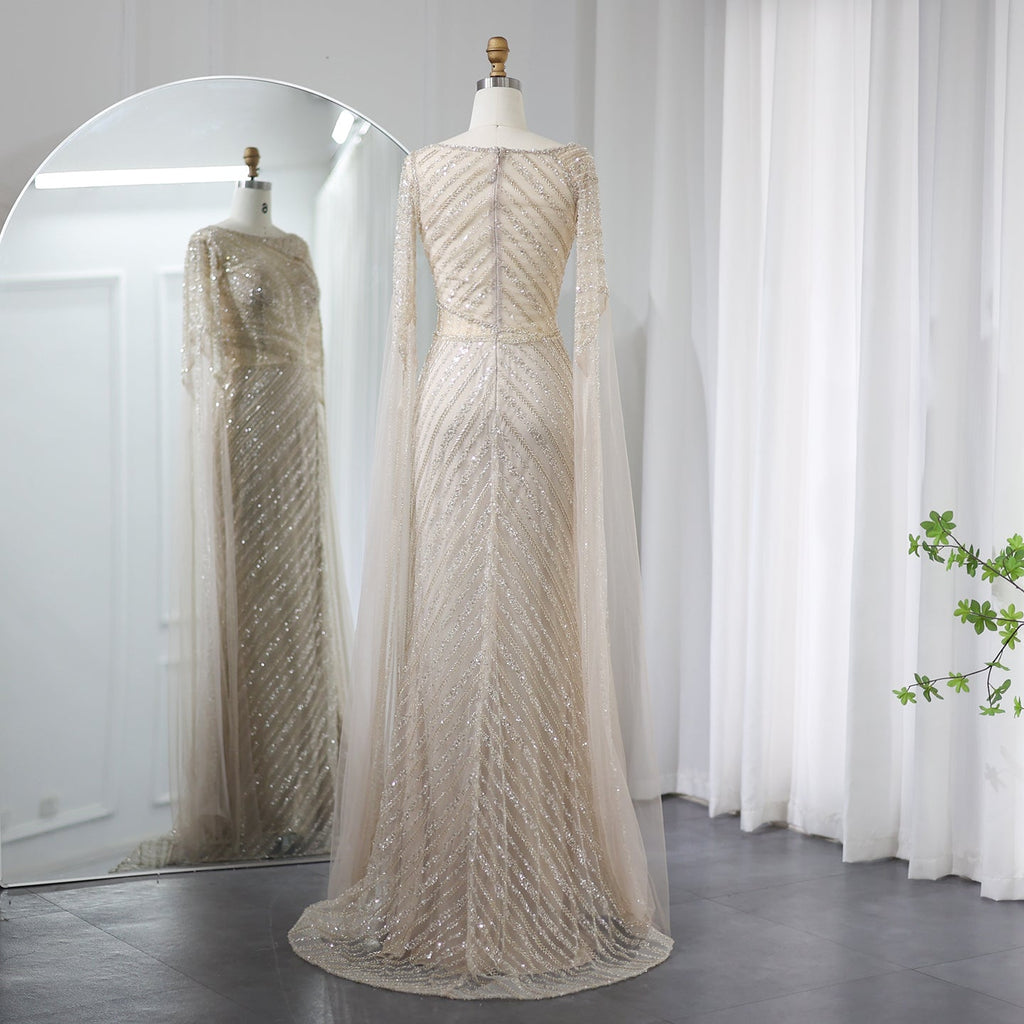 Luxury Beaded Blue Mermaid Evening Dress with Cape Sleeves SS087