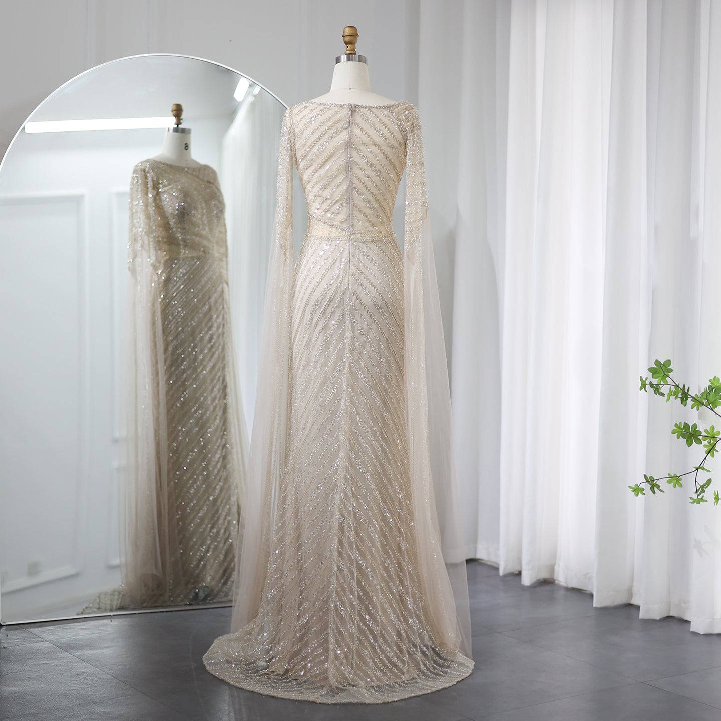 Luxury Beaded Blue Mermaid Evening Dress with Cape Sleeves SS087