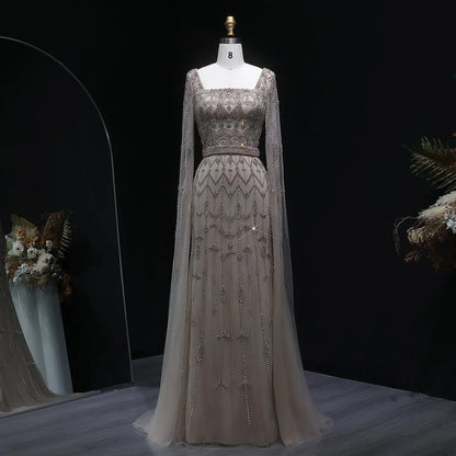 Luxury Beaded Turquoise Evening Dress with Cape Sleeves SS089