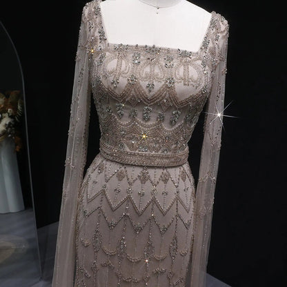 Luxury Beaded Turquoise Evening Dress with Cape Sleeves SS089