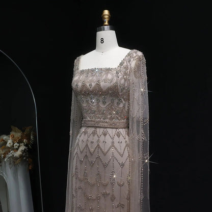 Luxury Beaded Turquoise Evening Dress with Cape Sleeves SS089