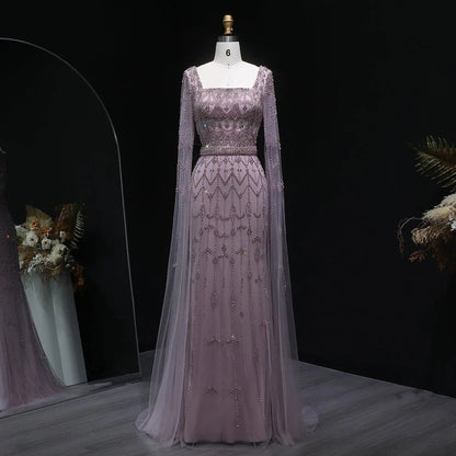 Luxury Beaded Turquoise Evening Dress with Cape Sleeves SS089