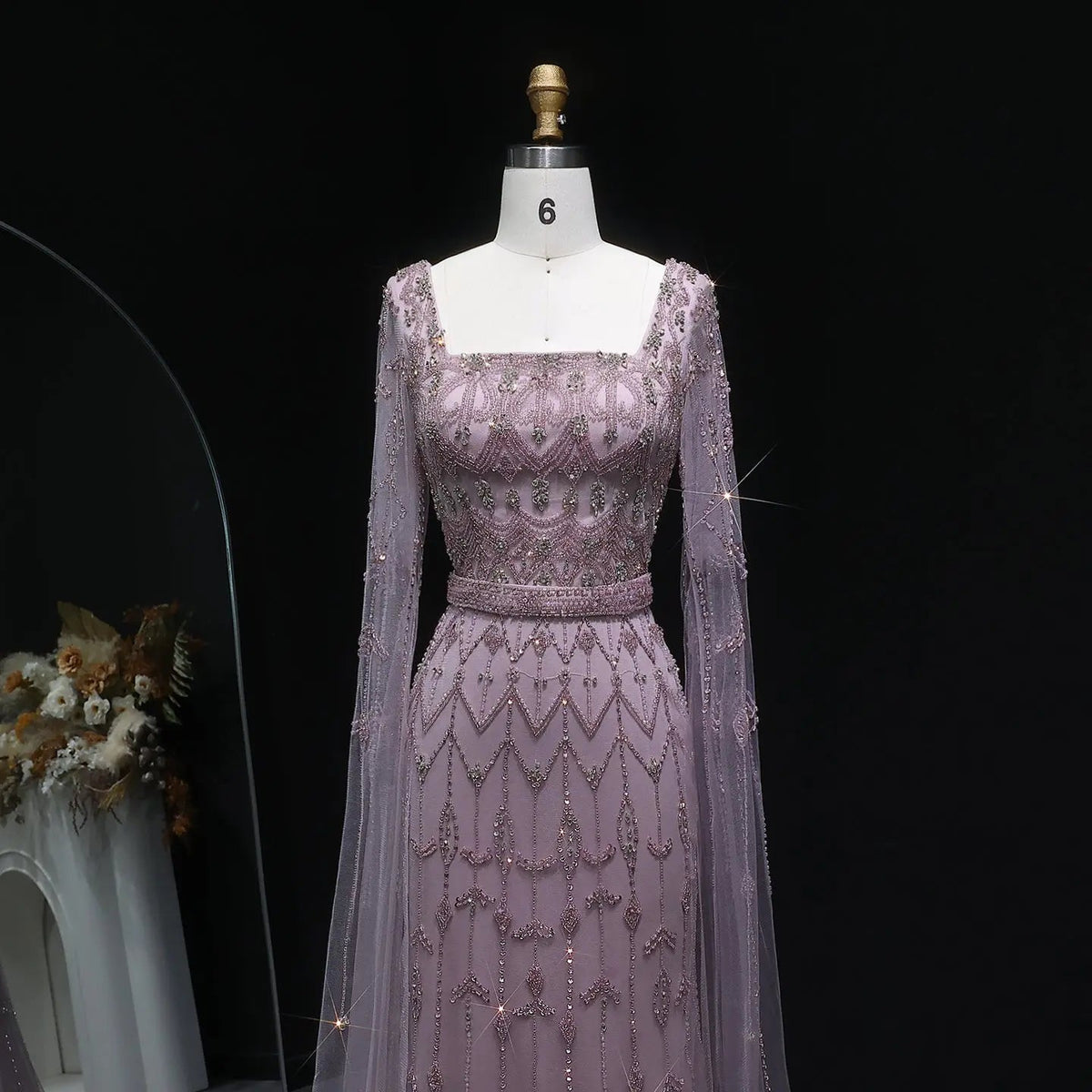 Luxury Beaded Turquoise Evening Dress with Cape Sleeves SS089