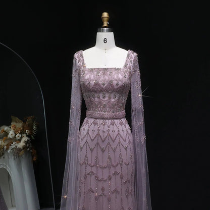 Luxury Beaded Turquoise Evening Dress with Cape Sleeves SS089