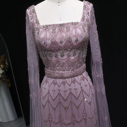 Luxury Beaded Turquoise Evening Dress with Cape Sleeves SS089