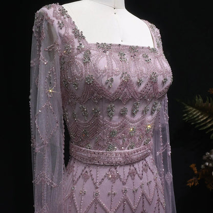 Luxury Beaded Turquoise Evening Dress with Cape Sleeves SS089
