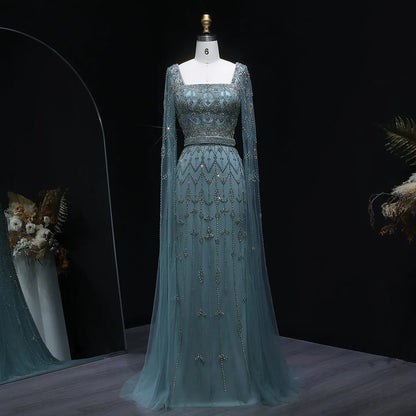 Luxury Beaded Turquoise Evening Dress with Cape Sleeves SS089