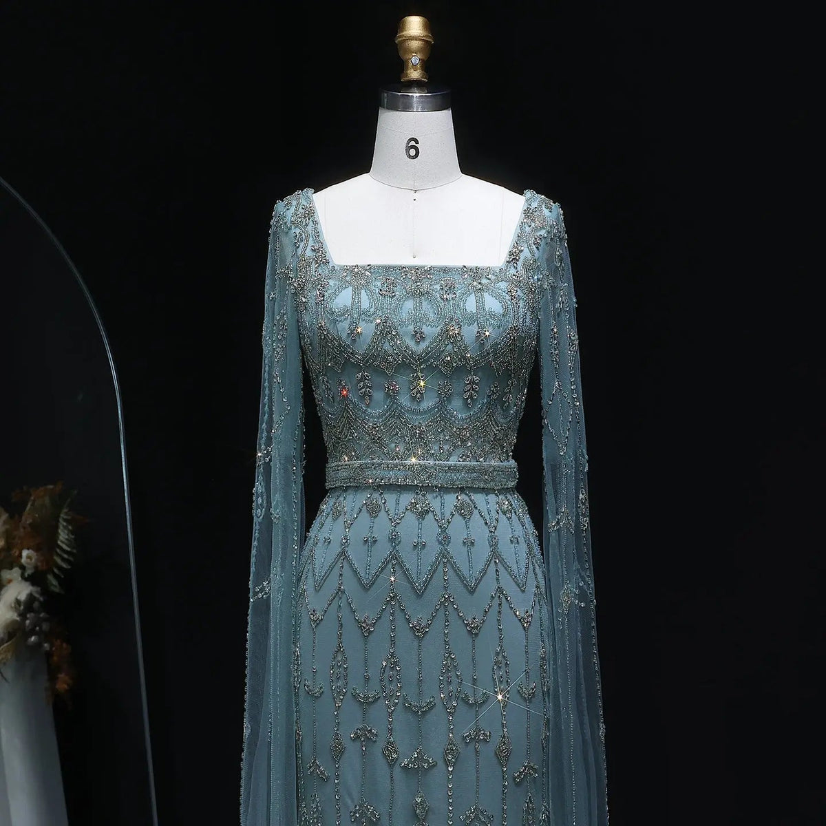 Luxury Beaded Turquoise Evening Dress with Cape Sleeves SS089