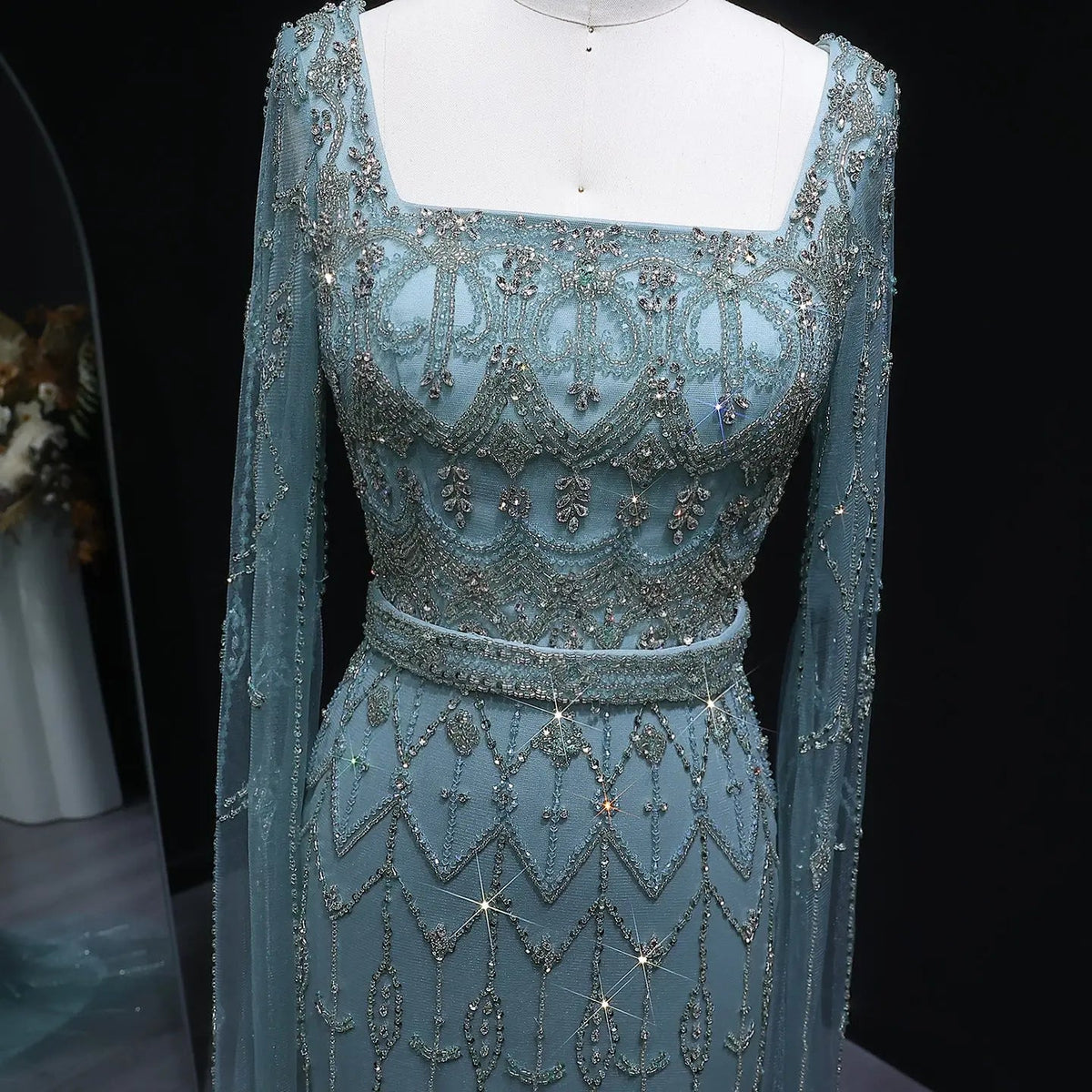 Luxury Beaded Turquoise Evening Dress with Cape Sleeves SS089