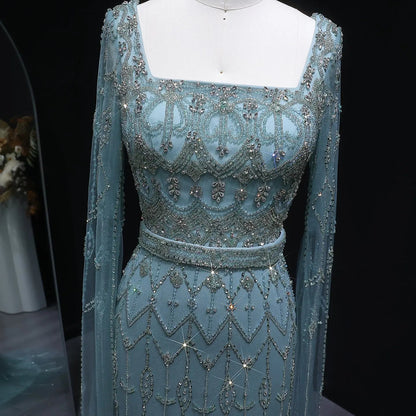 Luxury Beaded Turquoise Evening Dress with Cape Sleeves SS089