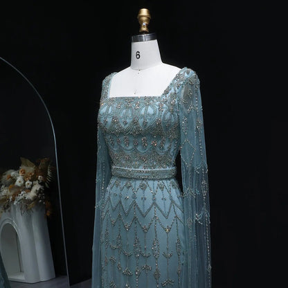 Luxury Beaded Turquoise Evening Dress with Cape Sleeves SS089