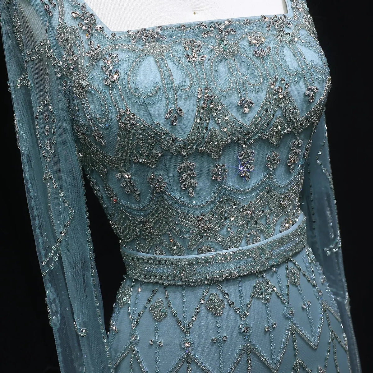 Luxury Beaded Turquoise Evening Dress with Cape Sleeves SS089