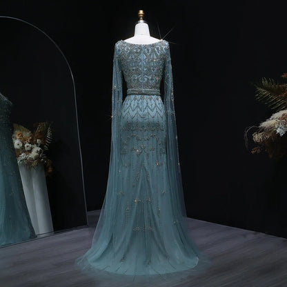 Luxury Beaded Turquoise Evening Dress with Cape Sleeves SS089