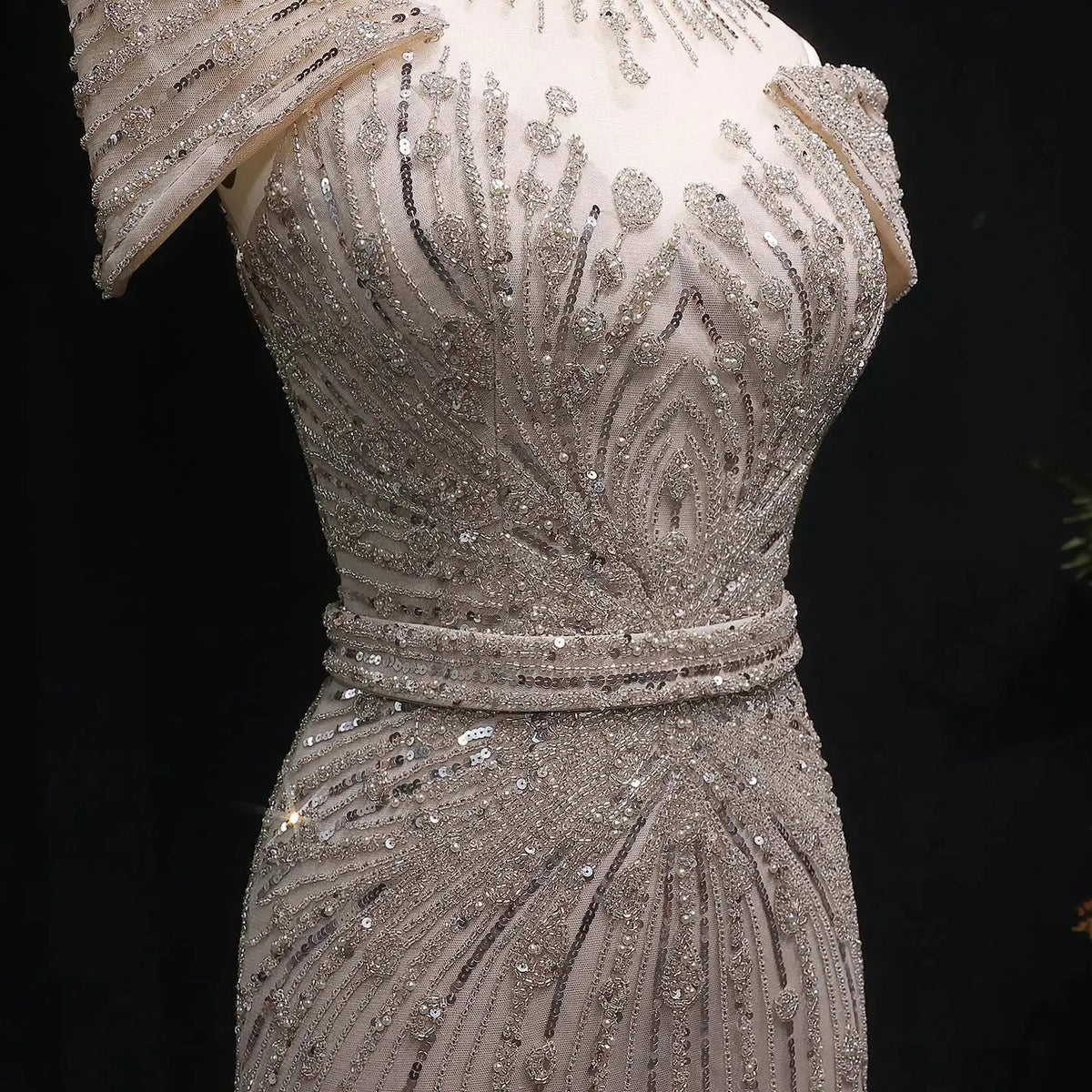 Luxury Off Shoulder Wine Red Beaded Evening Dress SS109