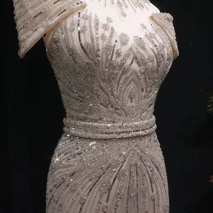 Luxury Off Shoulder Wine Red Beaded Evening Dress SS109
