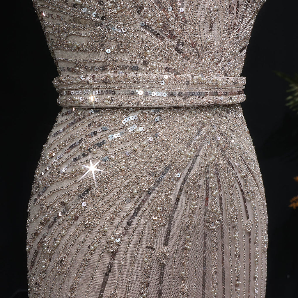 Luxury Wine Red Off-Shoulder Beaded Evening Dress SS109