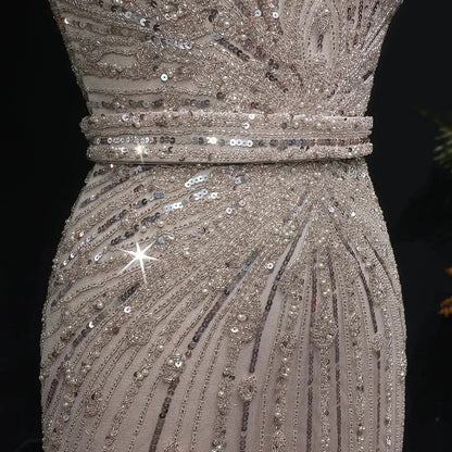 Luxury Off Shoulder Wine Red Beaded Evening Dress SS109