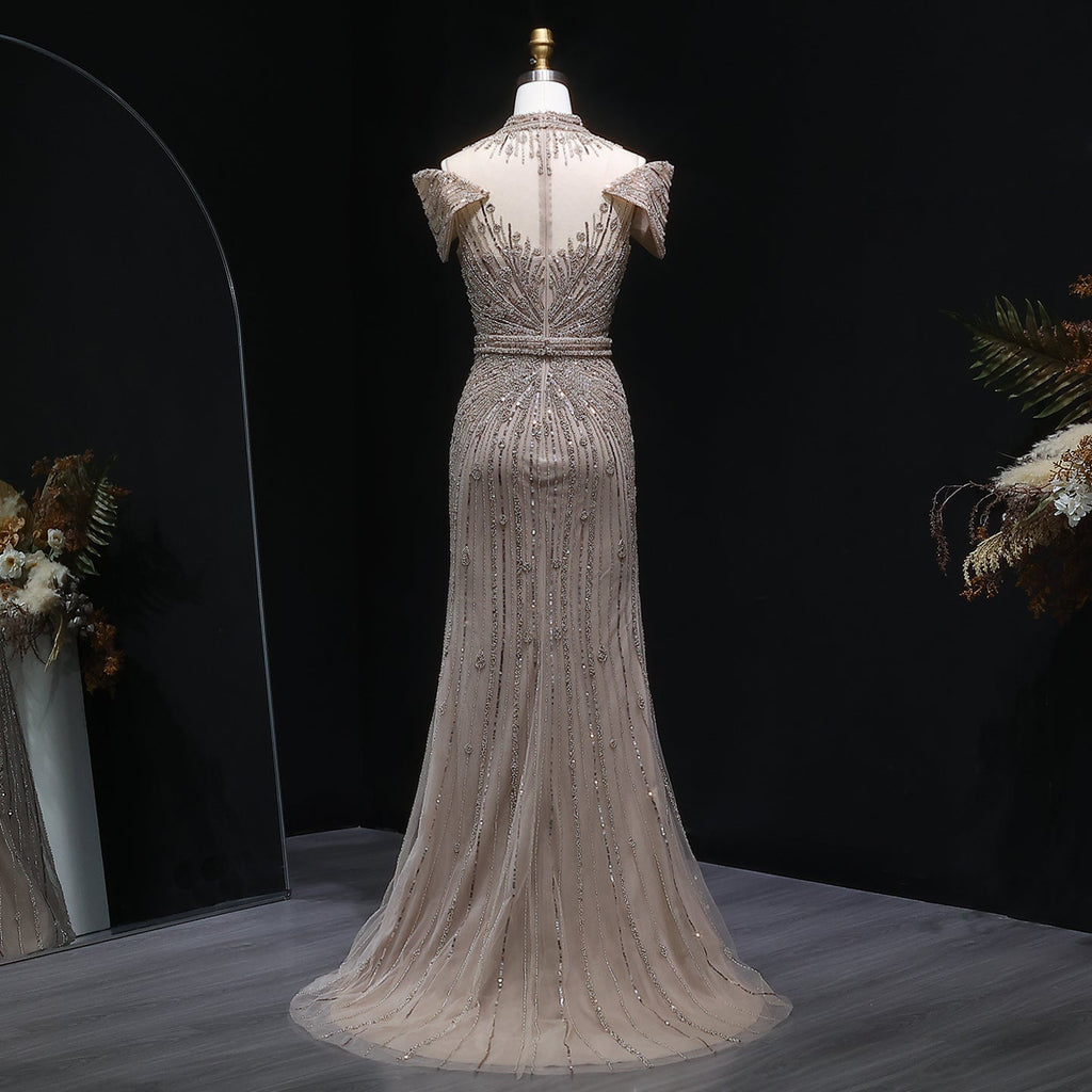 Luxury Wine Red Off-Shoulder Beaded Evening Dress SS109