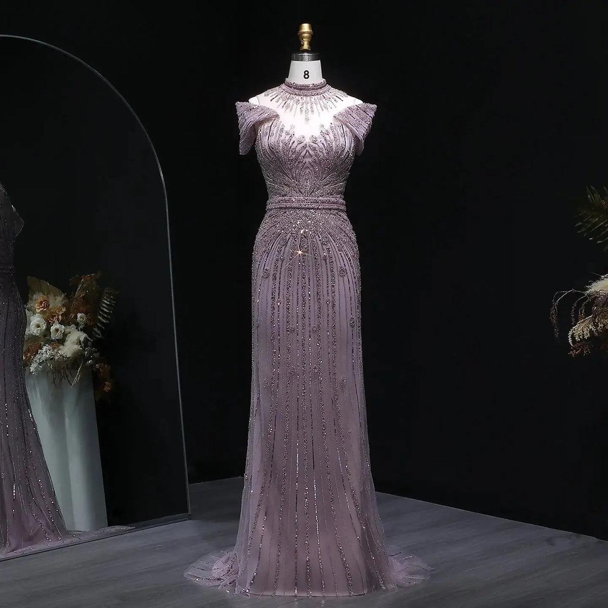 Luxury Off Shoulder Wine Red Beaded Evening Dress SS109