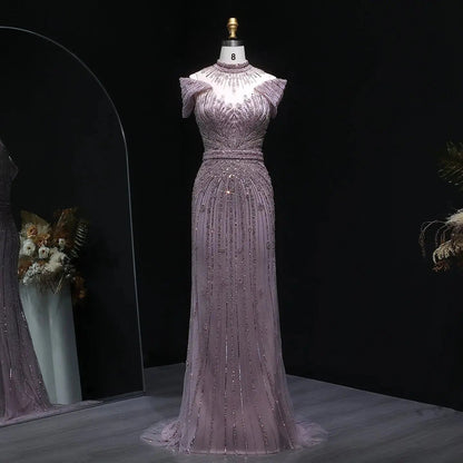 Luxury Off Shoulder Wine Red Beaded Evening Dress SS109