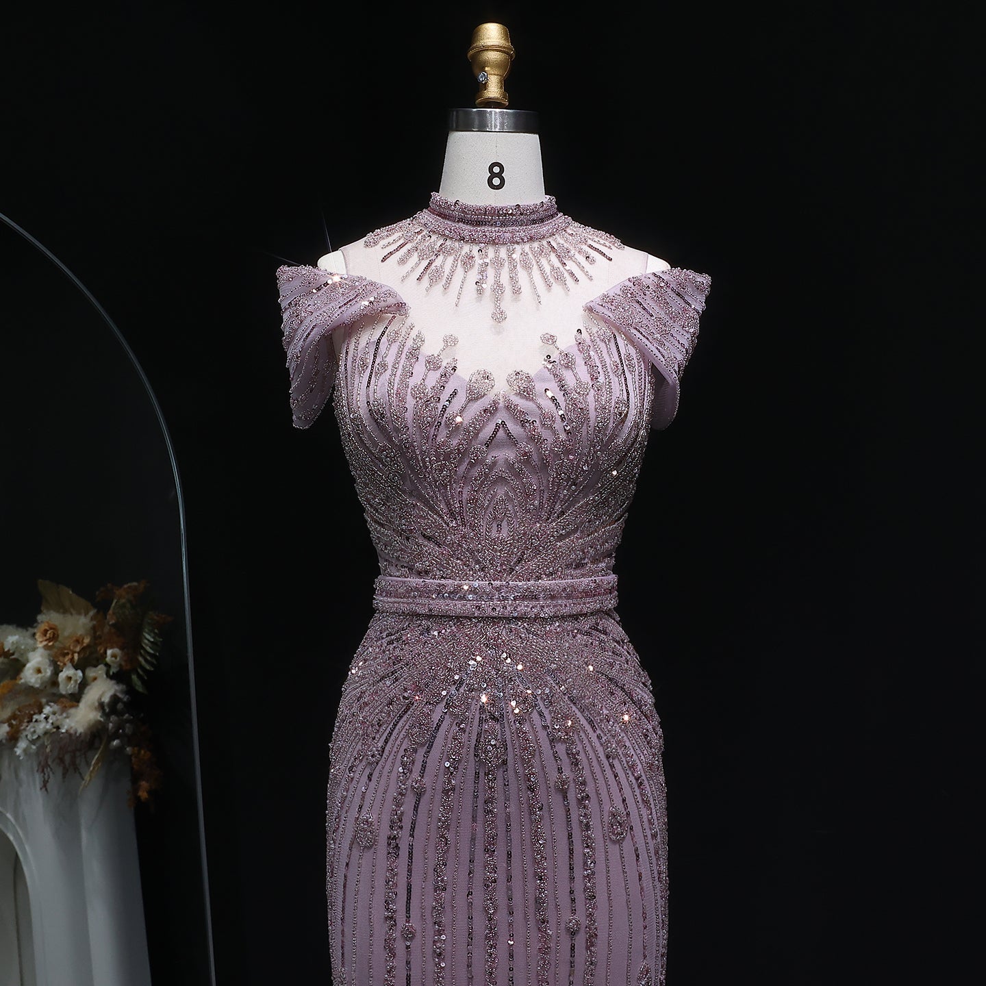 Luxury Wine Red Off-Shoulder Beaded Evening Dress SS109