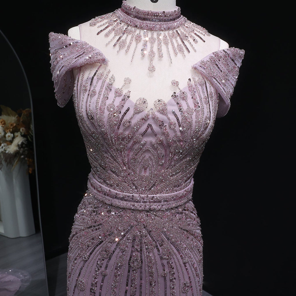 Luxury Wine Red Off-Shoulder Beaded Evening Dress SS109