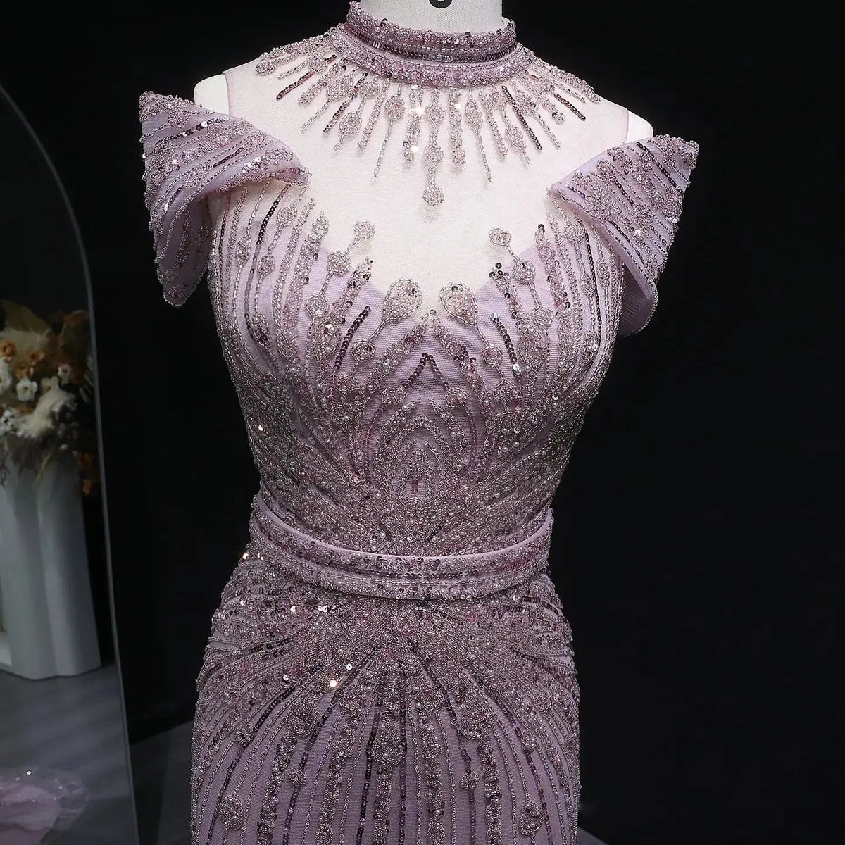 Luxury Off Shoulder Wine Red Beaded Evening Dress SS109