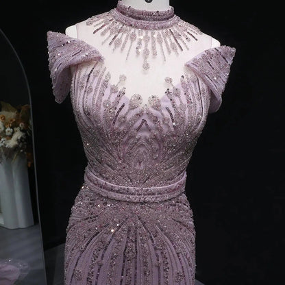 Luxury Off Shoulder Wine Red Beaded Evening Dress SS109