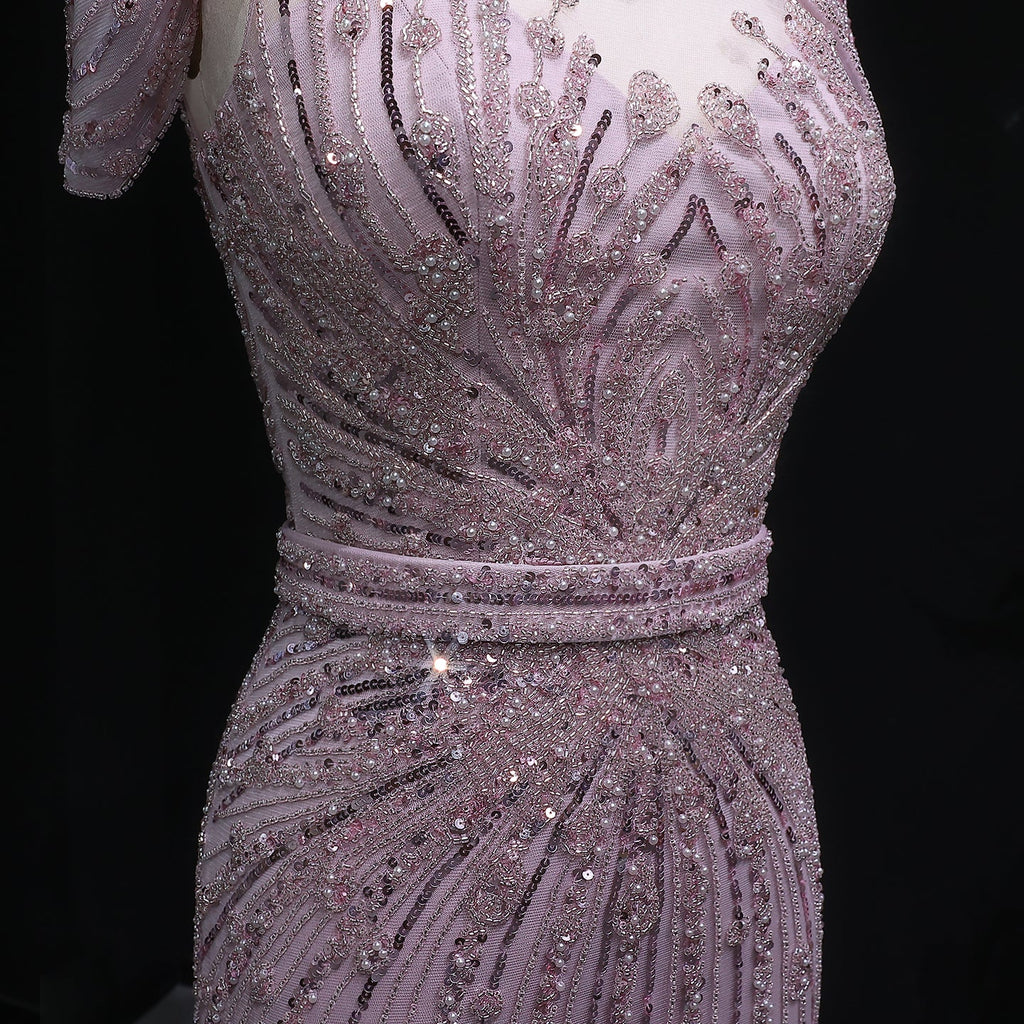 Luxury Wine Red Off-Shoulder Beaded Evening Dress SS109