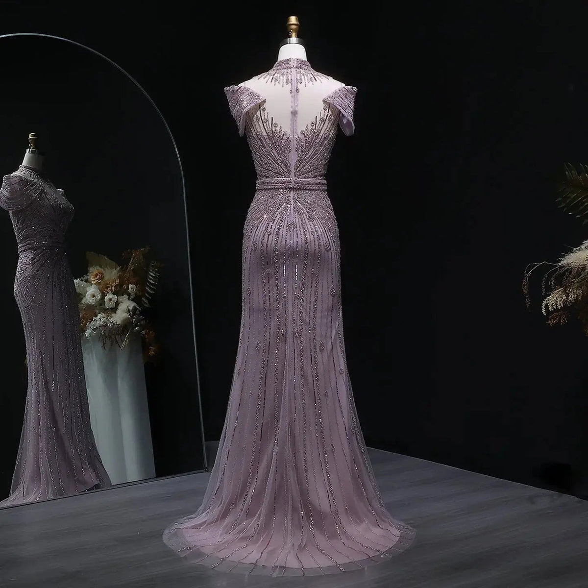 Luxury Off Shoulder Wine Red Beaded Evening Dress SS109