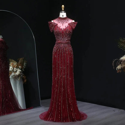 Luxury Off Shoulder Wine Red Beaded Evening Dress SS109