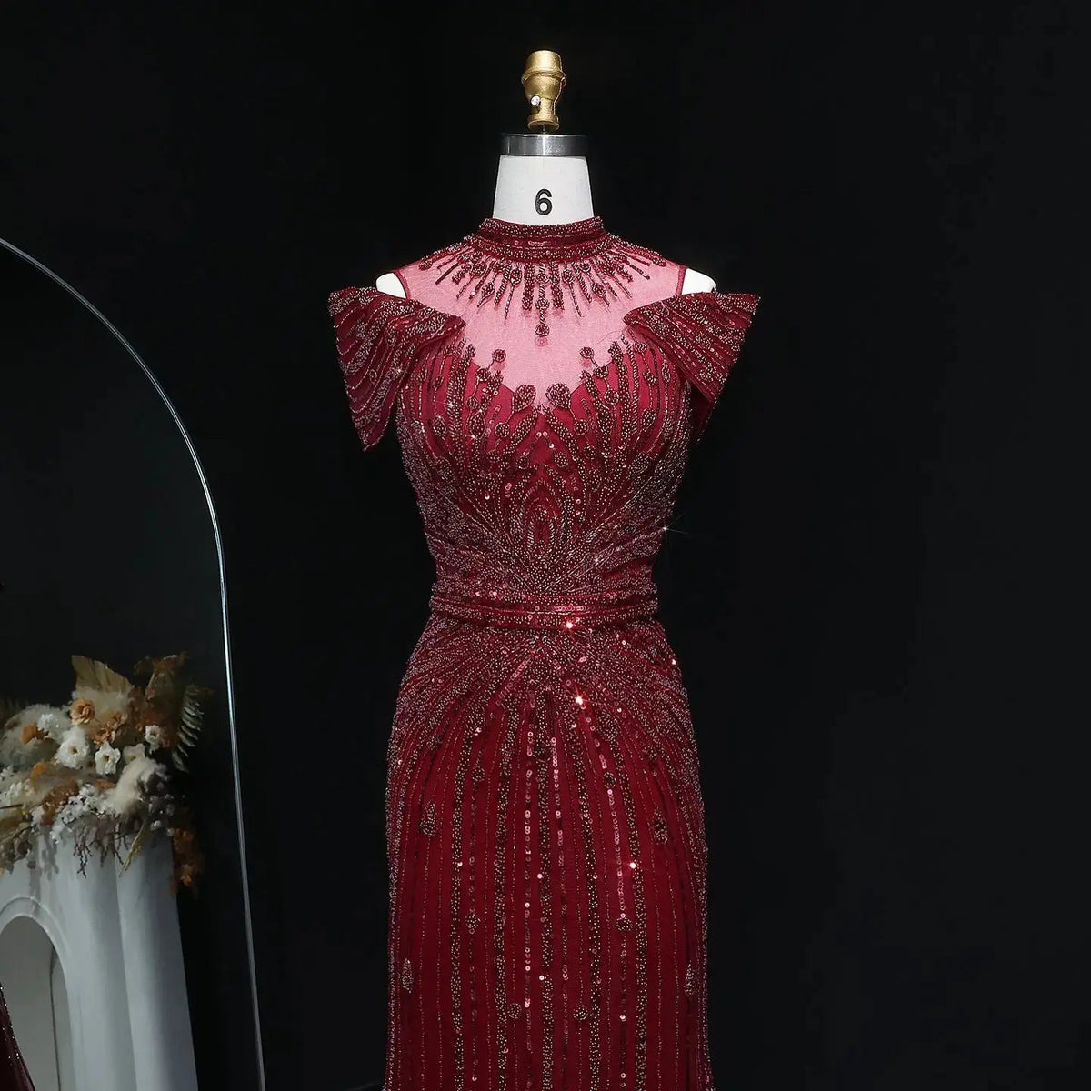 Luxury Off Shoulder Wine Red Beaded Evening Dress SS109