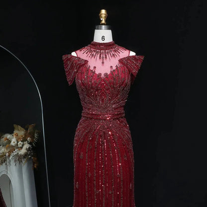 Luxury Off Shoulder Wine Red Beaded Evening Dress SS109