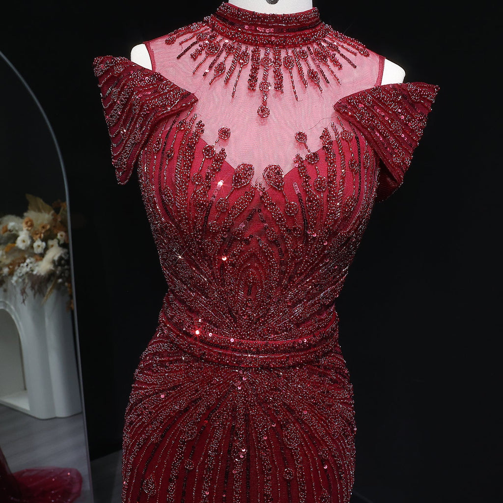 Luxury Wine Red Off-Shoulder Beaded Evening Dress SS109