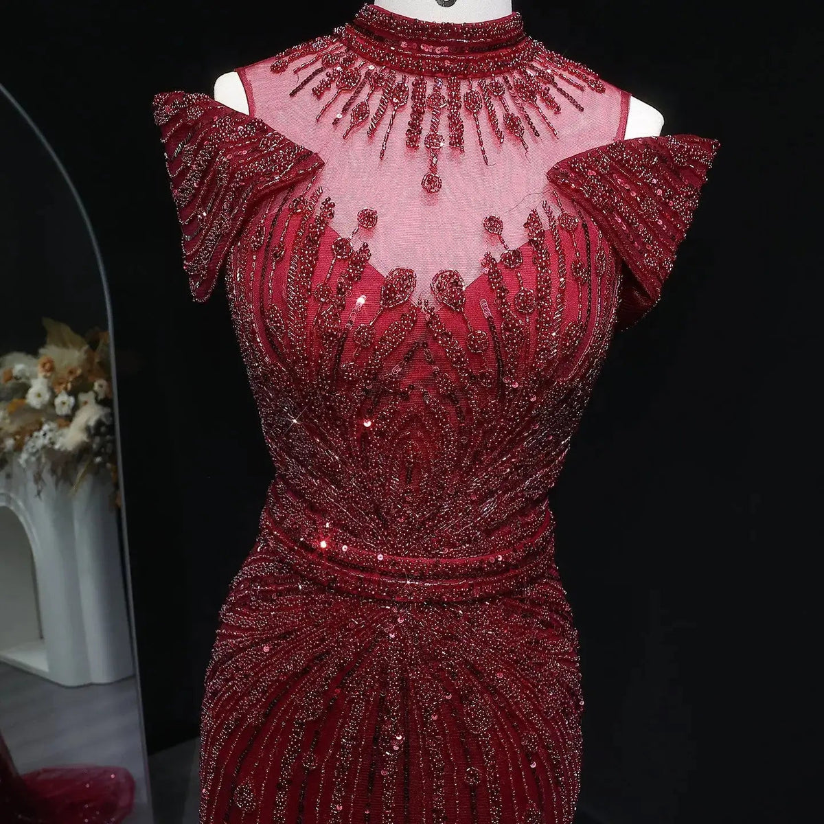 Luxury Off Shoulder Wine Red Beaded Evening Dress SS109