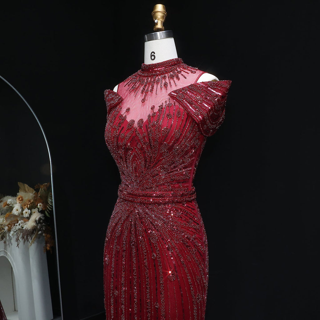 Luxury Wine Red Off-Shoulder Beaded Evening Dress SS109