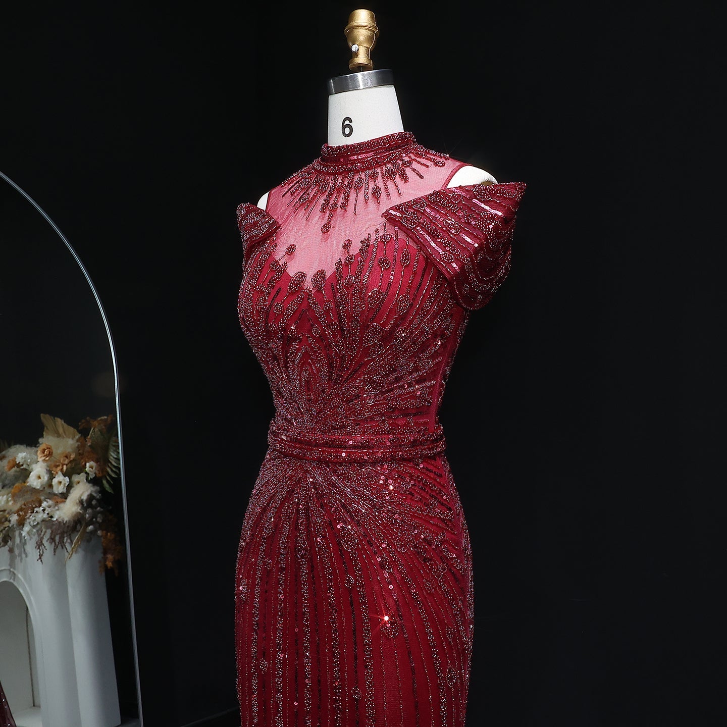 Luxury Wine Red Off-Shoulder Beaded Evening Dress SS109
