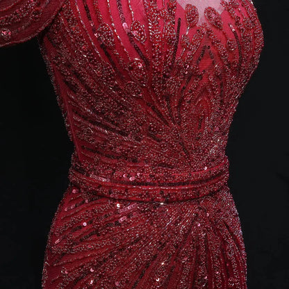 Luxury Off Shoulder Wine Red Beaded Evening Dress SS109