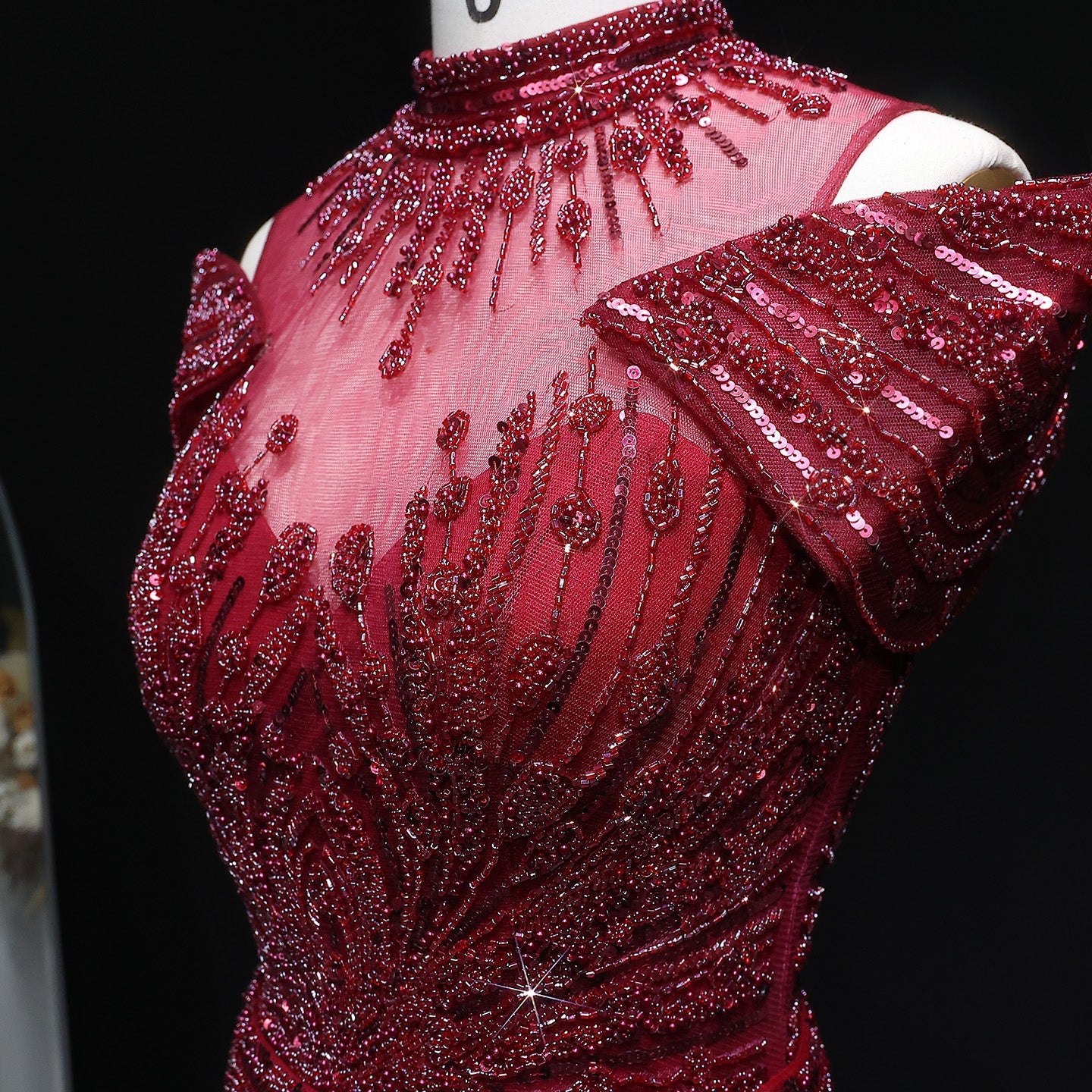 Luxury Wine Red Off-Shoulder Beaded Evening Dress SS109