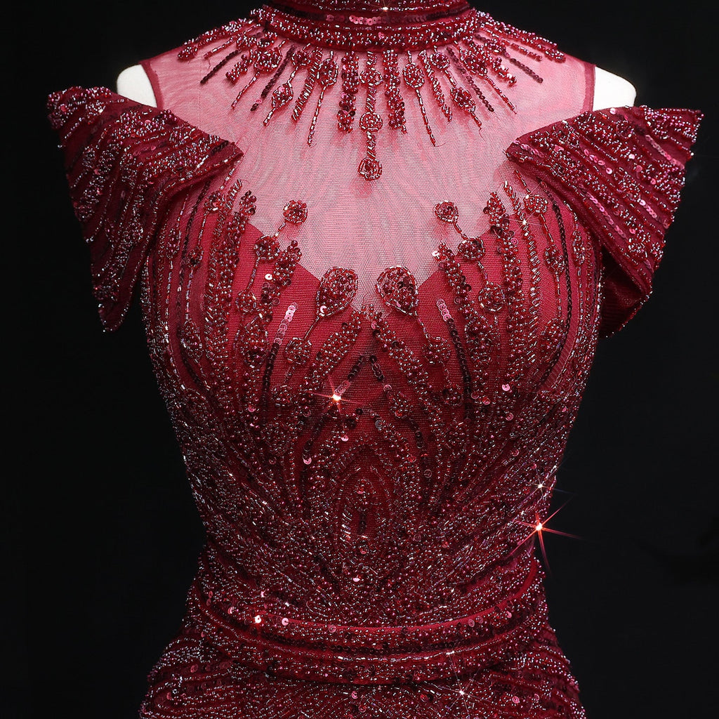 Luxury Wine Red Off-Shoulder Beaded Evening Dress SS109