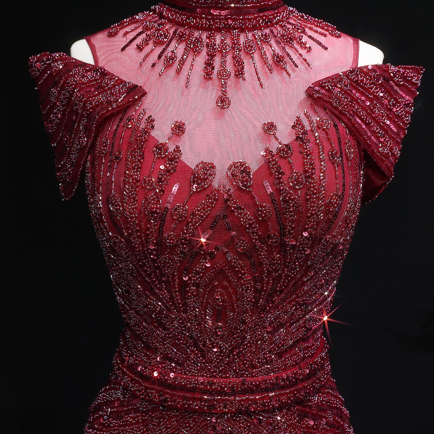Luxury Wine Red Off-Shoulder Beaded Evening Dress SS109