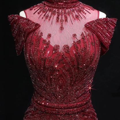 Luxury Off Shoulder Wine Red Beaded Evening Dress SS109