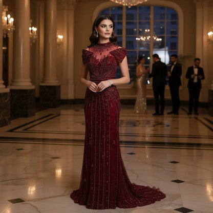 Luxury Off Shoulder Wine Red Beaded Evening Dress SS109