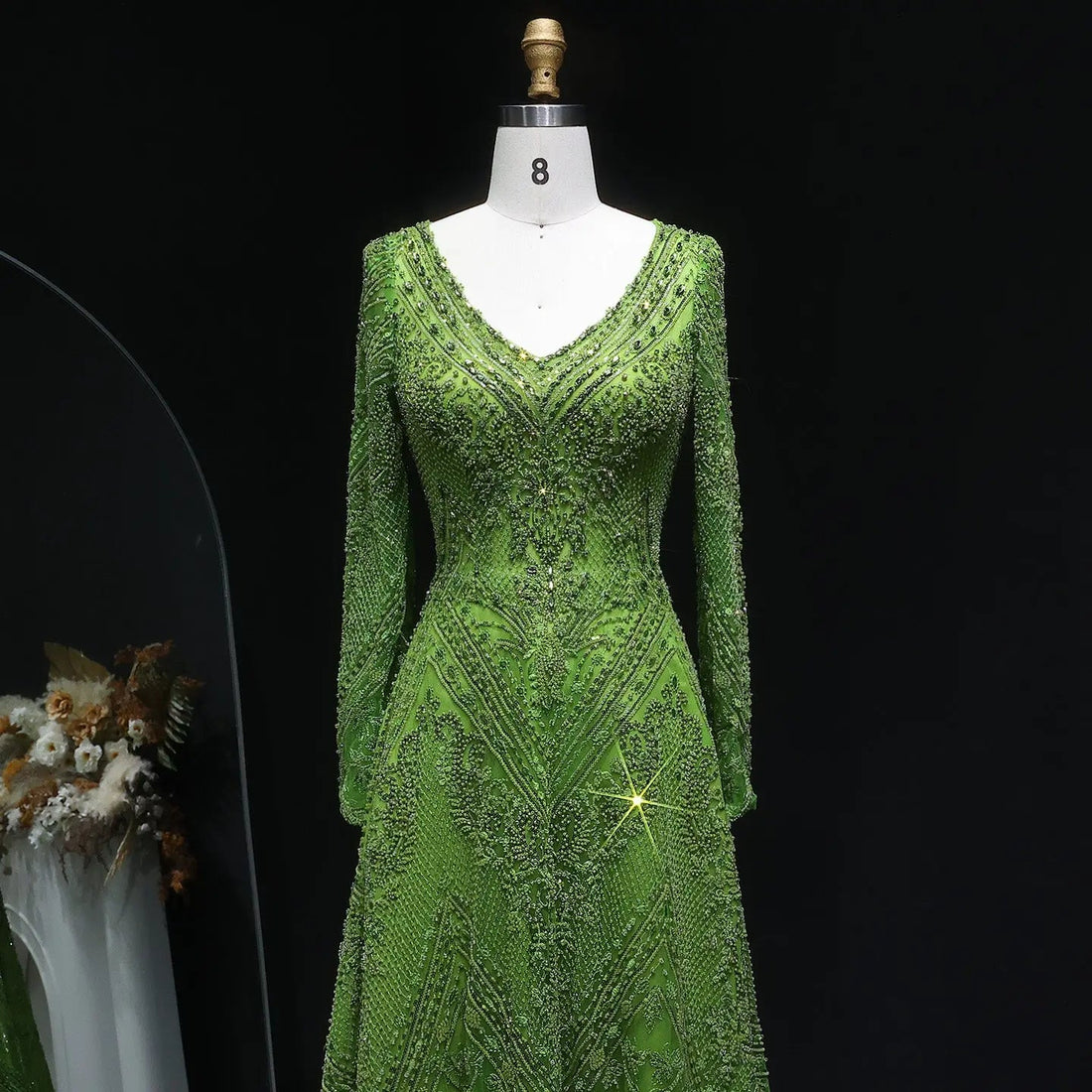 Elegant Lime Green Beaded Long Sleeve Evening Dress SS110