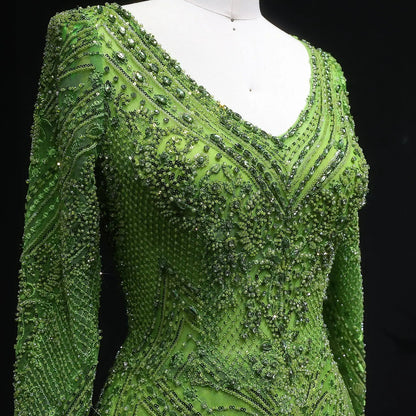 Elegant Lime Green Beaded Long Sleeve Evening Dress SS110