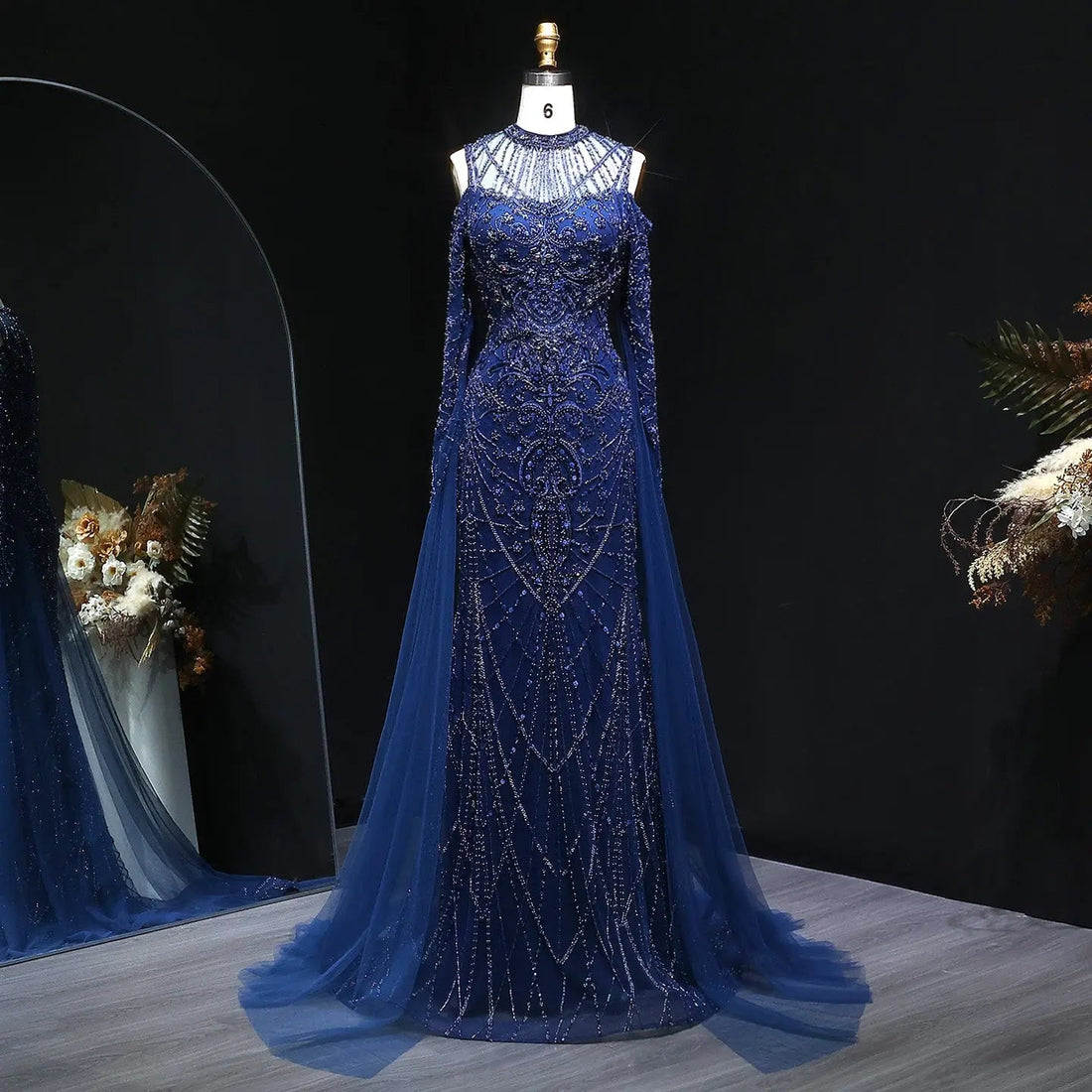Luxury Beaded Evening Dress with Off-the-shoulder Cape Sleeves SS111
